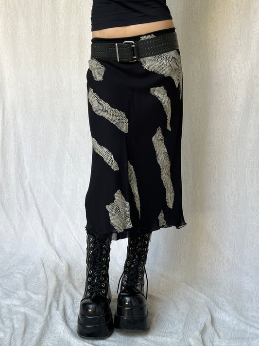 Vintage 00s Grunge Black Graphic Snake Skin Midi Skirt (L)