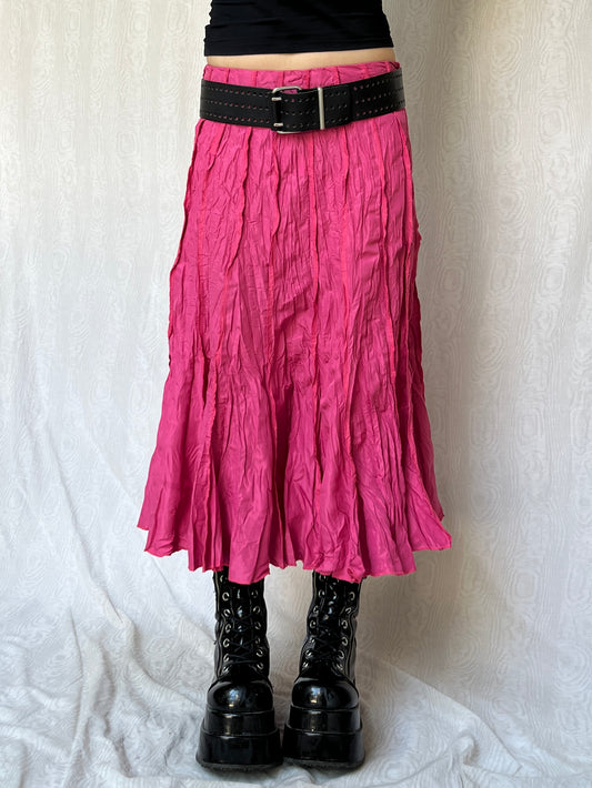 Vintage 00s Eclectic Hot Pink Crinkle Maxi Skirt (S)