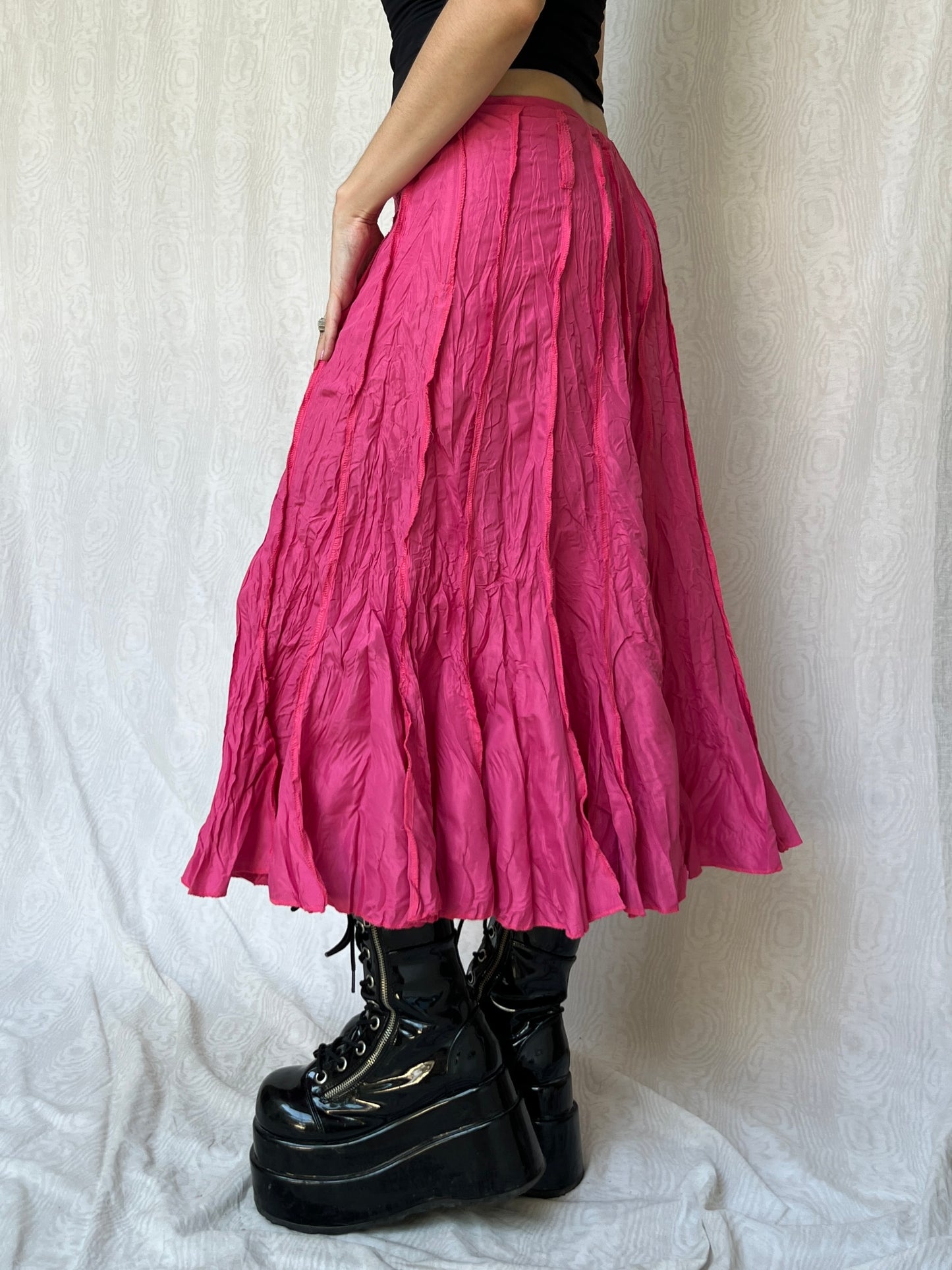Vintage 00s Eclectic Hot Pink Crinkle Maxi Skirt (S)