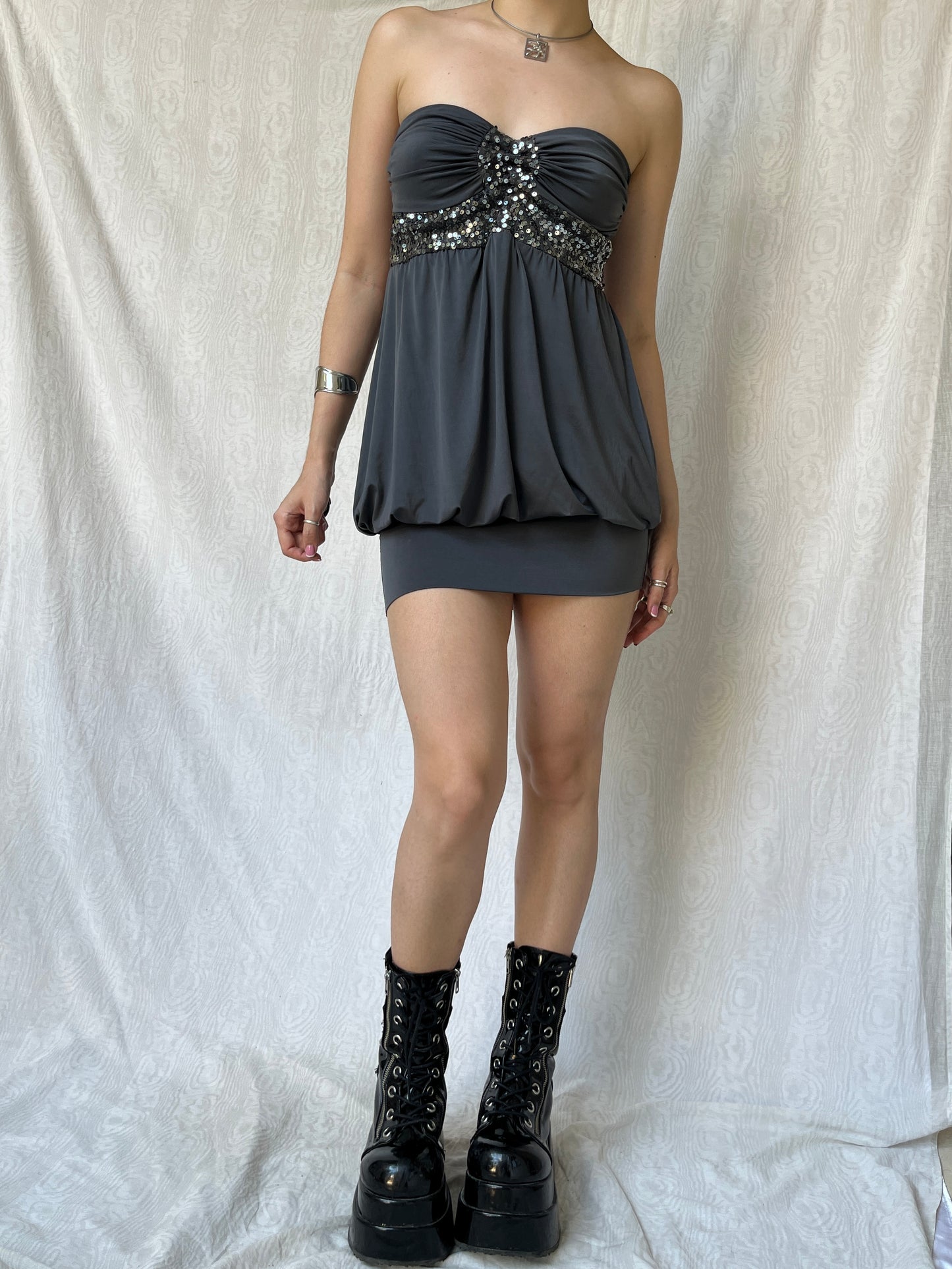 Vintage 00s Clubwear Sleaze Gray Mini Strapless Dress (S)