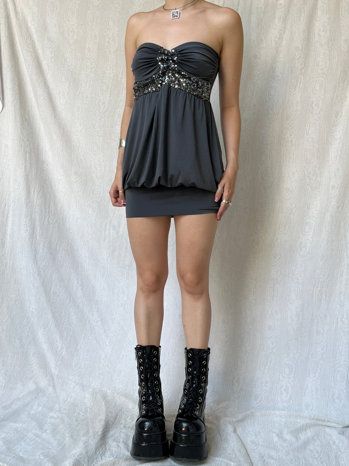 Vintage 00s Clubwear Sleaze Gray Mini Strapless Dress (S)
