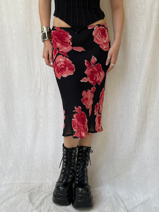 Vintage 90s Dark Romantic Floral Knee Skirt (XS/S)