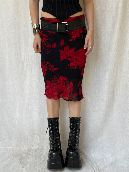Vintage 90s Dark Romantic Floral Knee Skirt (S)