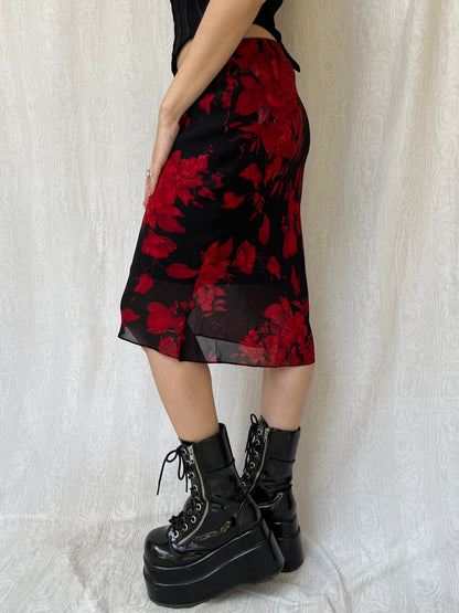 Vintage 90s Dark Romantic Floral Knee Skirt (S)
