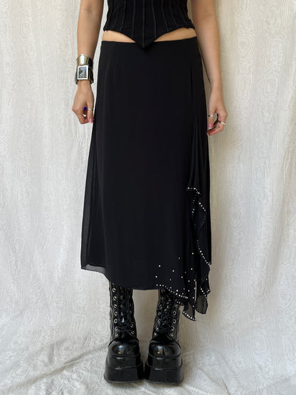 Vintage 90s Witchy Black Silk Midi Skirt (M/L)