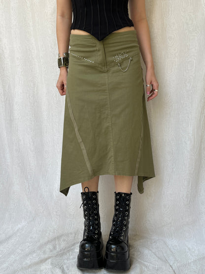 Vintage 00s Biker Chic Khaki Asymmetric Skirt (S)