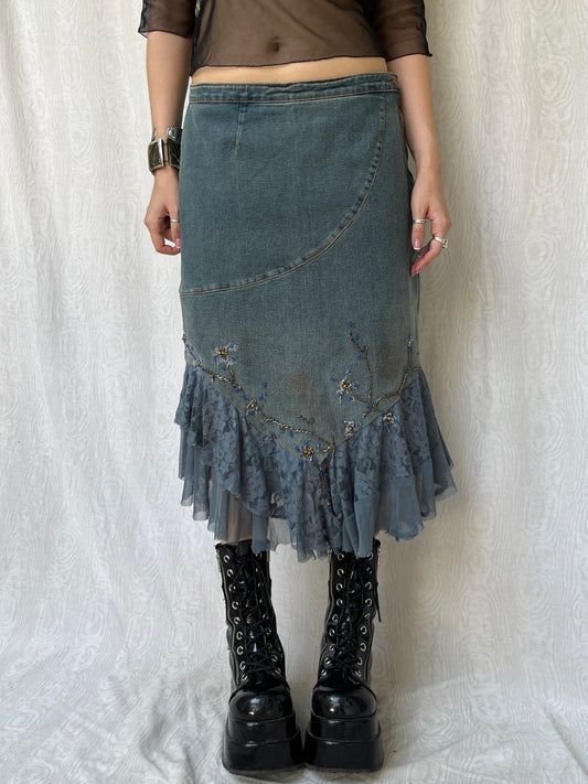 Vintage 00s Fairy Layered Lace & Embroidery Denim Skirt (M)