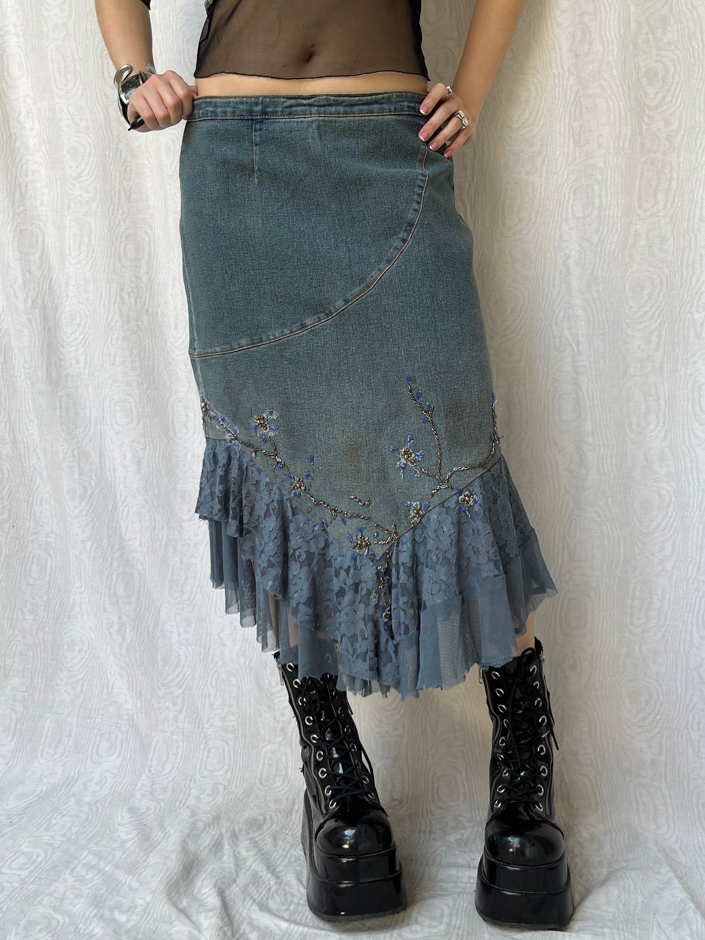 Vintage 00s Fairy Layered Lace & Embroidery Denim Skirt (M)