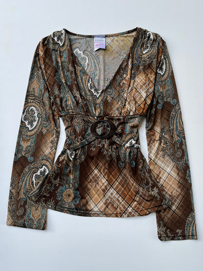 Vintage 00s Boho Graphic Empire Waist Top (M)