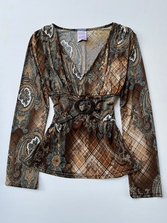 Vintage 00s Boho Graphic Empire Waist Top (M)