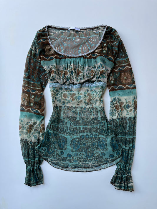 Vintage 00s Boho Fairy Graphic Long Sleeve Top (L)