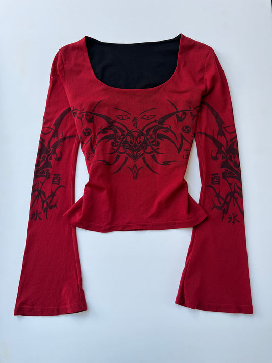 Vintage 00s Rave Graphic Red Bell Sleeve Top (S)