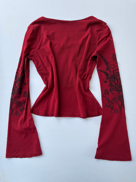 Vintage 00s Rave Graphic Red Bell Sleeve Top (S)