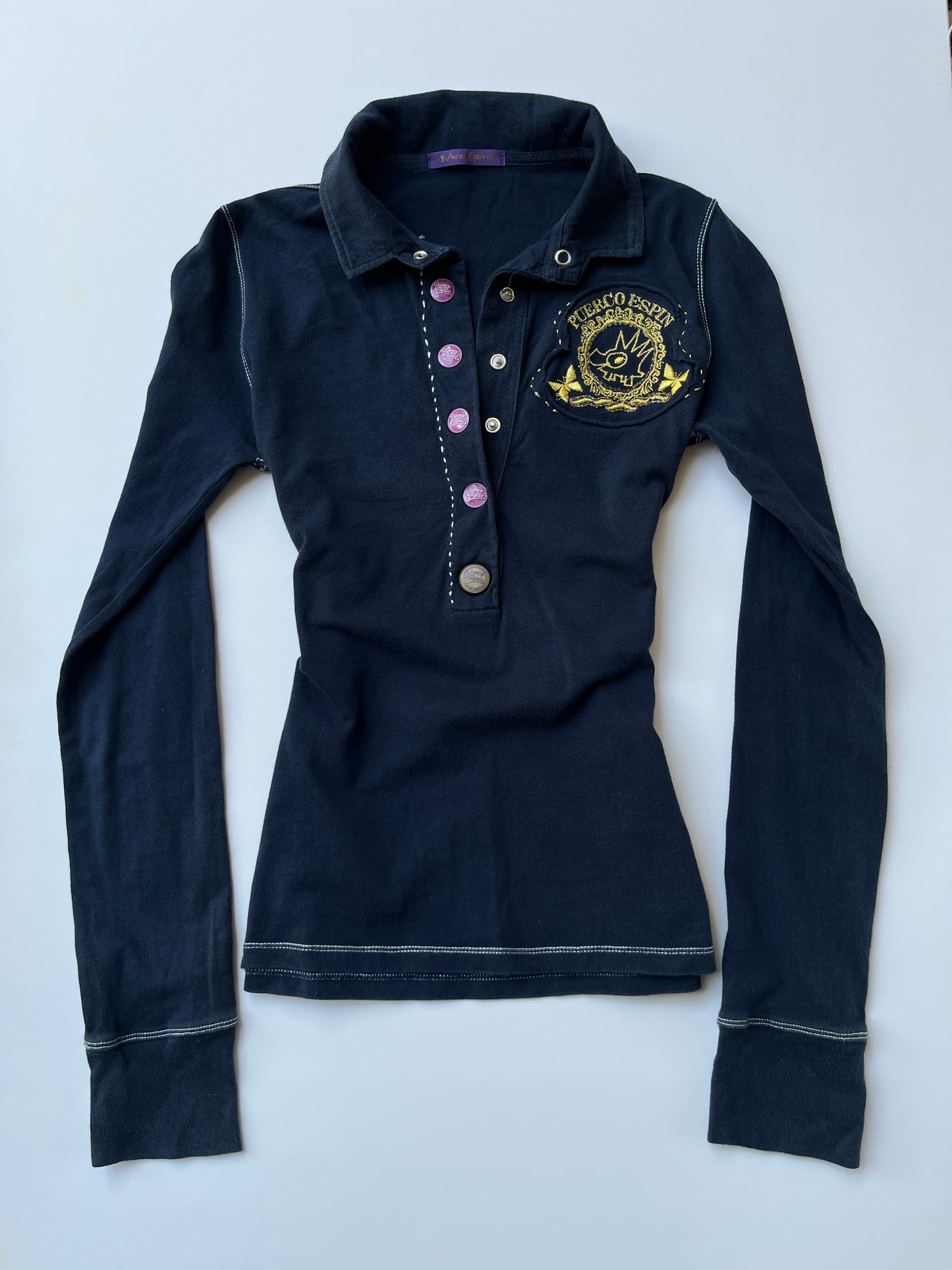 Vintage 00s Preppy Navy Long Sleeve Polo Top (S)