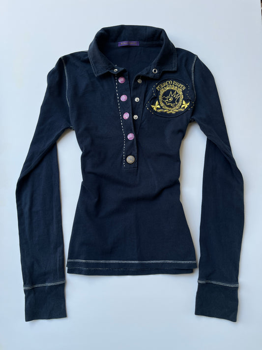 Vintage 00s Preppy Navy Long Sleeve Polo Top (S)