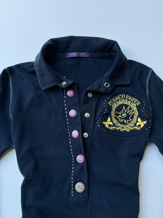 Vintage 00s Preppy Navy Long Sleeve Polo Top (S)