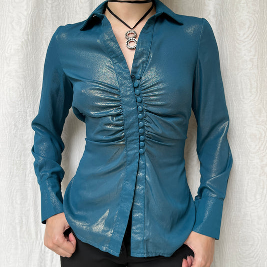 Vintage 00s Eclectic Blue Iridescent Blouse (M)