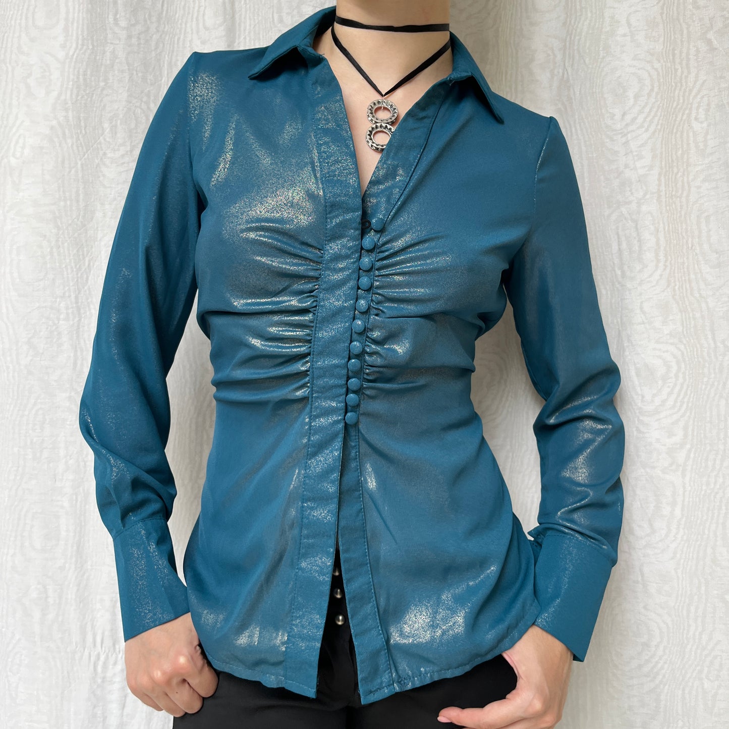 Vintage 00s Eclectic Blue Iridescent Blouse (M)