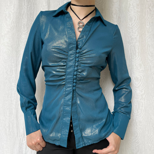 Vintage 00s Eclectic Blue Iridescent Blouse (M)