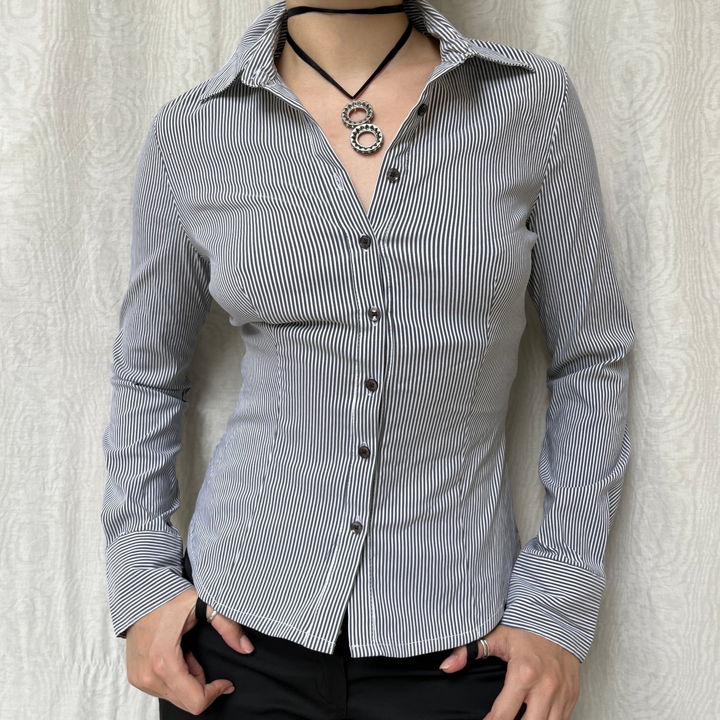 Vintage 00s Office Siren Striped Blouse (S)