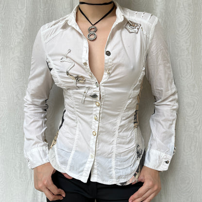 Vintage 00s Eclectic Graphic White Blouse (M)