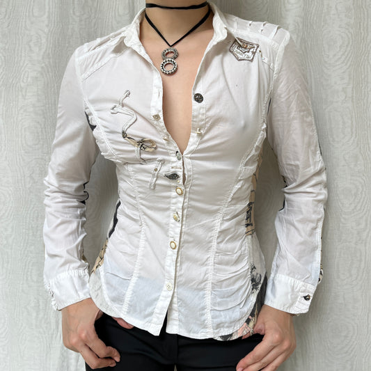 Vintage 00s Eclectic Graphic White Blouse (M)