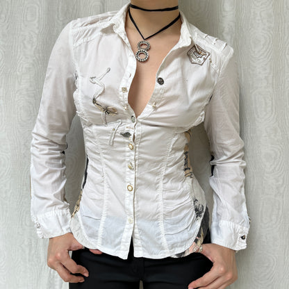 Vintage 00s Eclectic Graphic White Blouse (M)