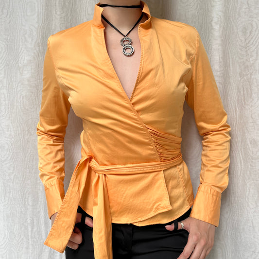 Vintage 00s Office Siren Orange Wrap Blouse (M)