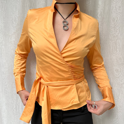 Vintage 00s Office Siren Orange Wrap Blouse (M)