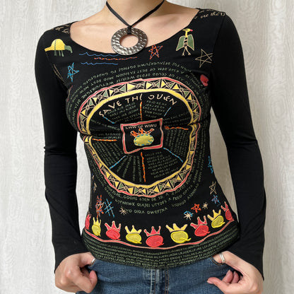 Vintage 00s Eclectic Graphic Rare Lonf Sleeve Top (S)