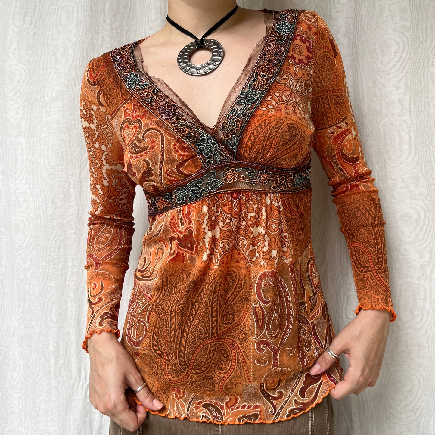 Vintage 00s Boho Graphic Orange Babydoll Top (XS/S)