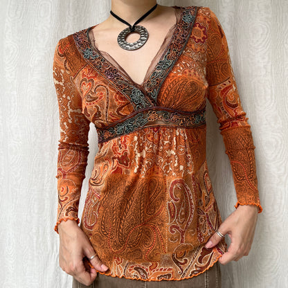 Vintage 00s Boho Graphic Orange Babydoll Top (XS/S)