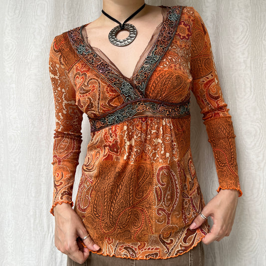 Vintage 00s Boho Graphic Orange Babydoll Top (XS/S)