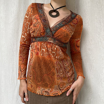 Vintage 00s Boho Graphic Orange Babydoll Top (XS/S)