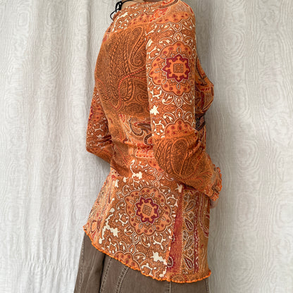 Vintage 00s Boho Graphic Orange Babydoll Top (XS/S)
