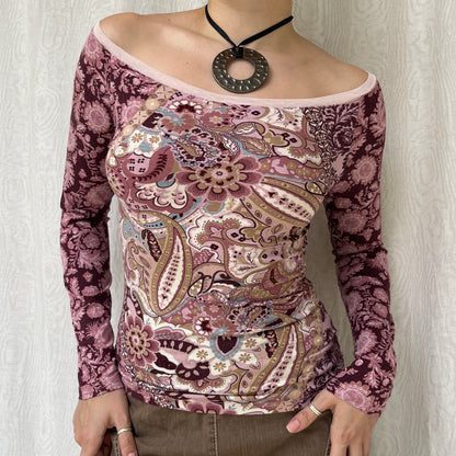 Vintage 00s Eclectic Boho Graphic Long Sleeve Top (S)