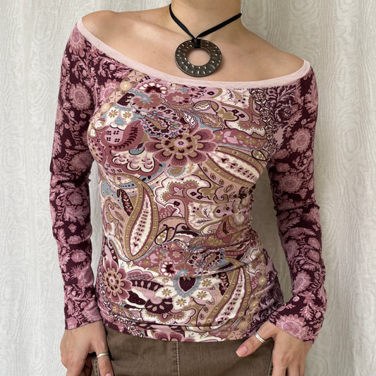 Vintage 00s Eclectic Boho Graphic Long Sleeve Top (S)