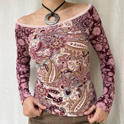 Vintage 00s Eclectic Boho Graphic Long Sleeve Top (S)