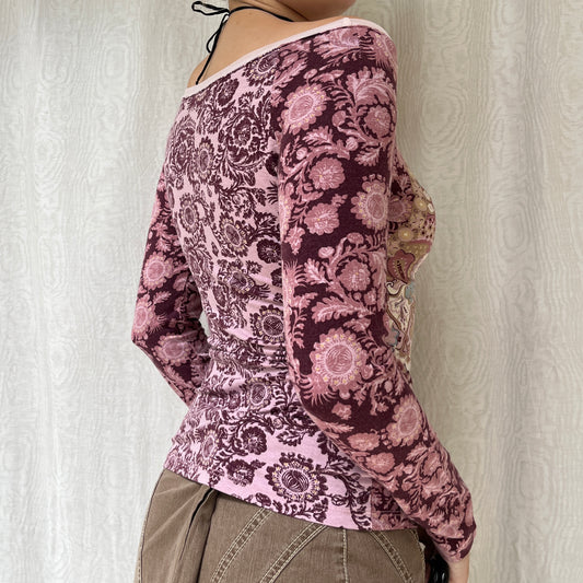 Vintage 00s Eclectic Boho Graphic Long Sleeve Top (S)