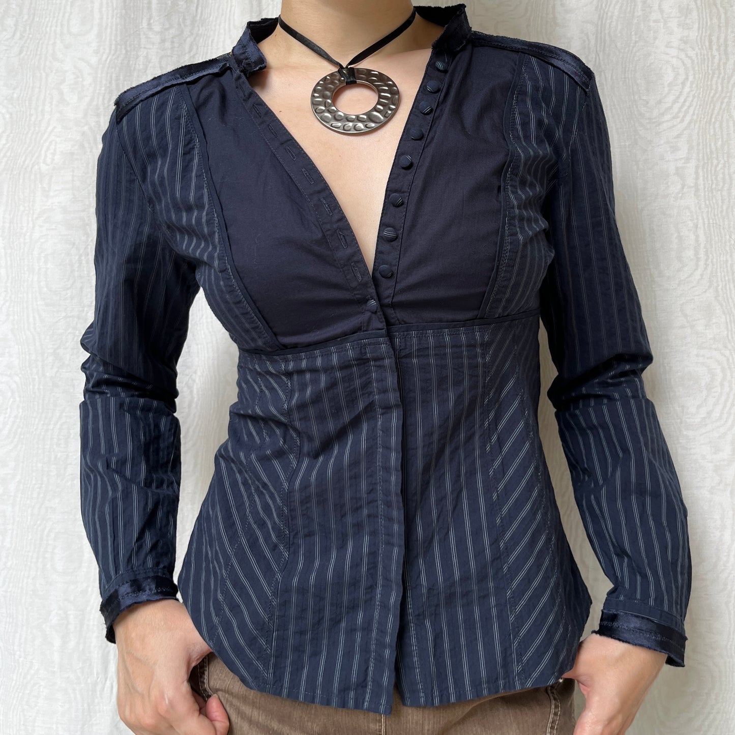Vintage 00s Office Siren Navy Blouse (S)