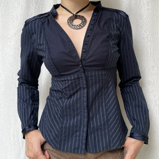 Vintage 00s Office Siren Navy Blouse (S)