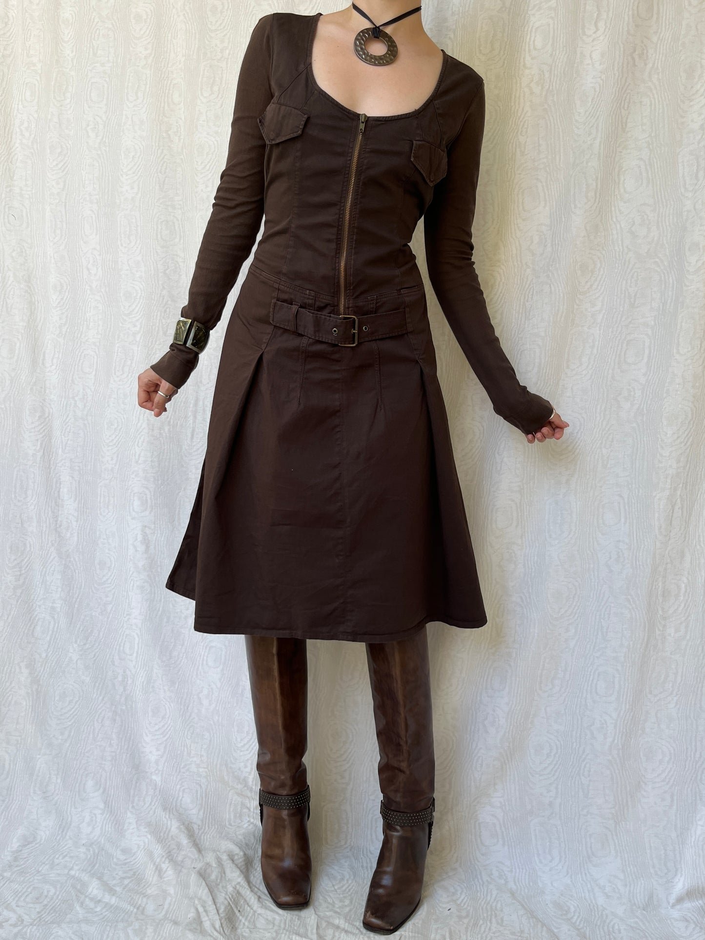 Vintage 00s Archive Cargo Brown Long Sleeve Dress (L)