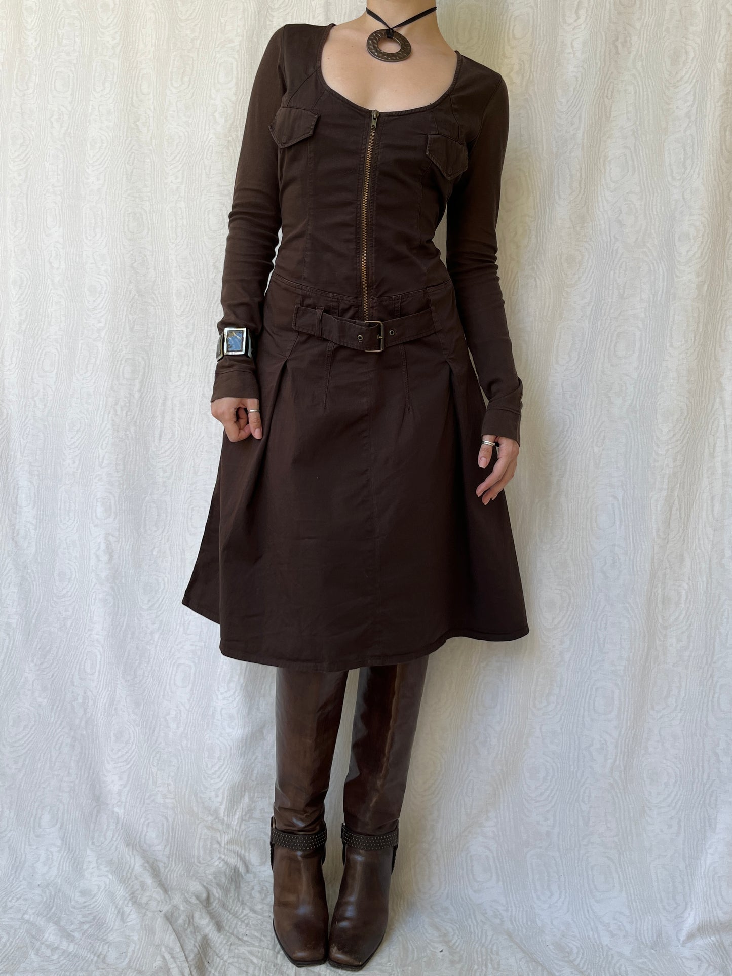 Vintage 00s Archive Cargo Brown Long Sleeve Dress (L)
