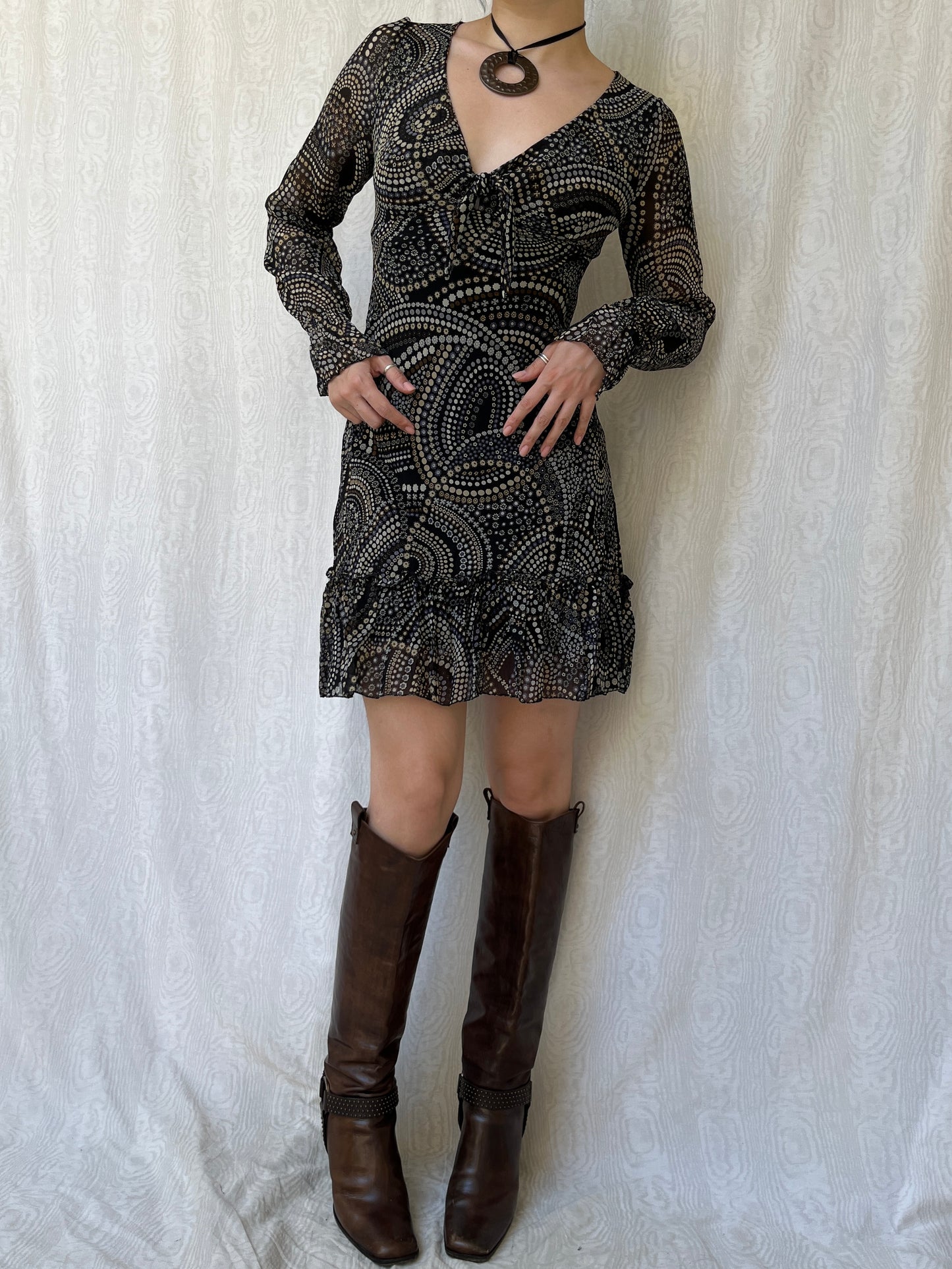 Vintage 00s Eclectic Boho Graphic Long Sleeve Mini Dress (S/M)