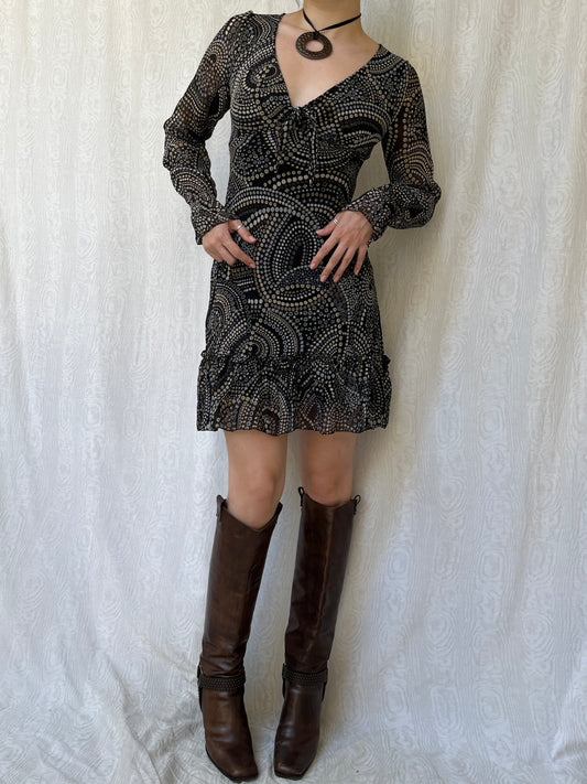 Vintage 00s Eclectic Boho Graphic Long Sleeve Mini Dress (S/M)