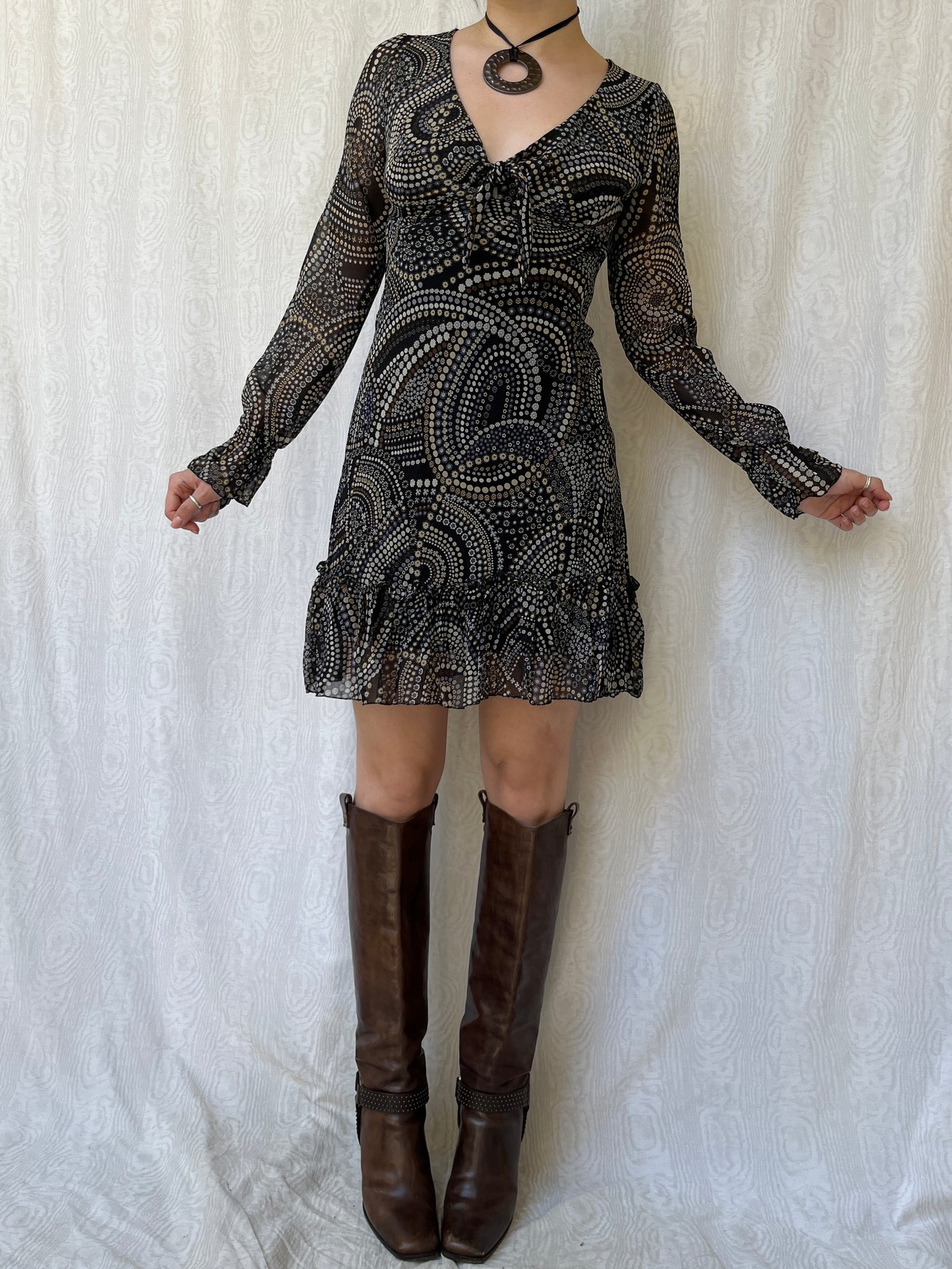 Vintage 00s Eclectic Boho Graphic Long Sleeve Mini Dress (S/M)