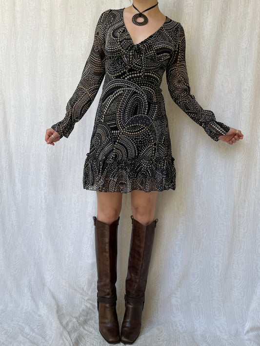 Vintage 00s Eclectic Boho Graphic Long Sleeve Mini Dress (S/M)