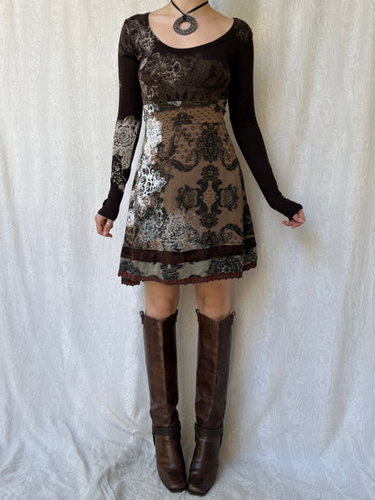 Vintage 00s Boho Desigual Brown Graphic Mini Dress (S)