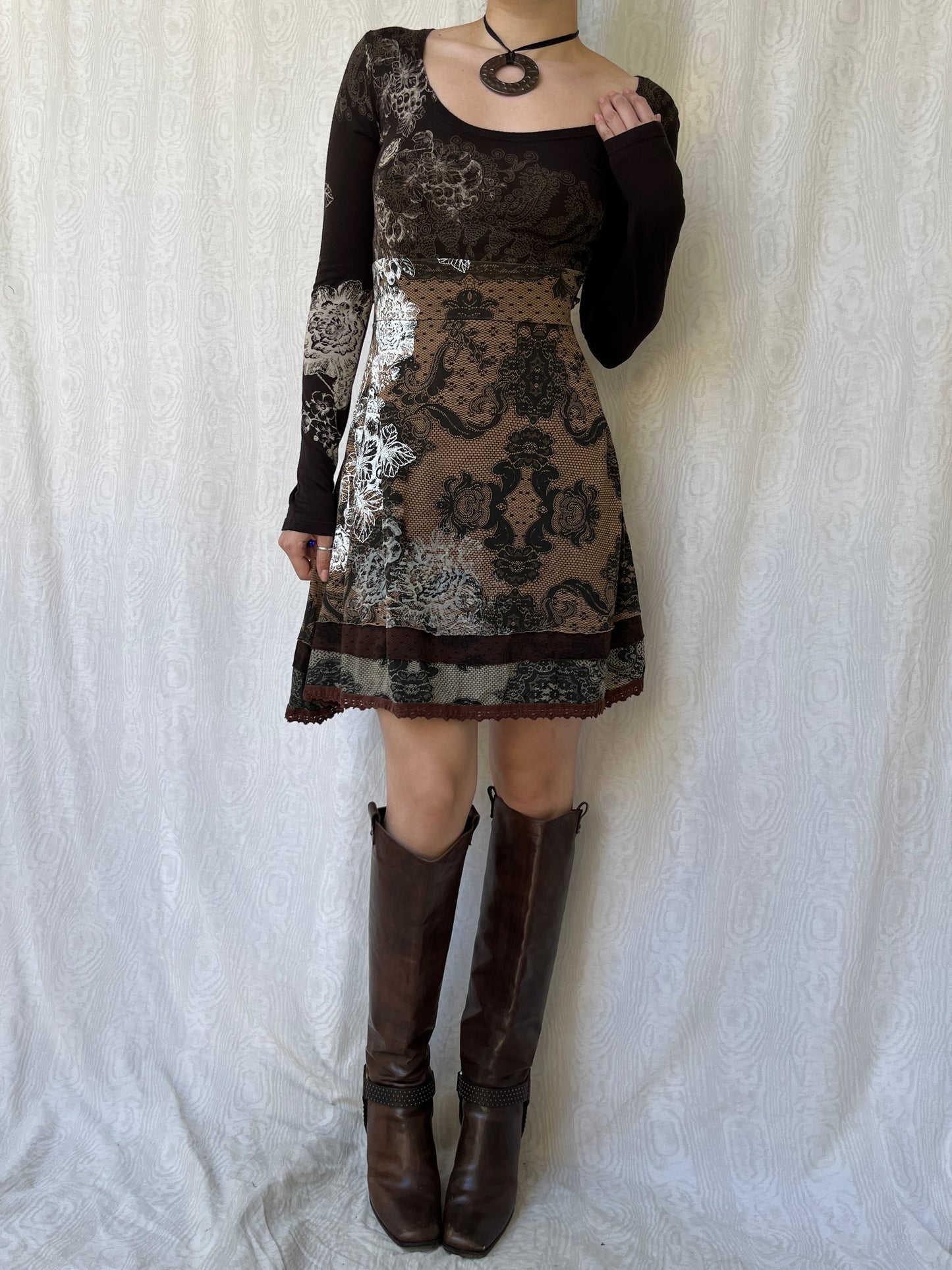 Vintage 00s Boho Desigual Brown Graphic Mini Dress (S)