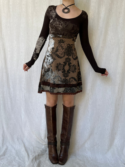 Vintage 00s Boho Desigual Brown Graphic Mini Dress (S)